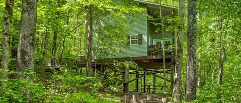 Surrounded by nature, your back yard area has a fire pit and double hammock