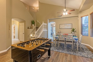 A foosball table in the great room invites friendly competition among guests.