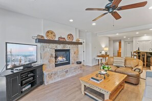 Fireplace, Indoors, Screen, Table, Furniture