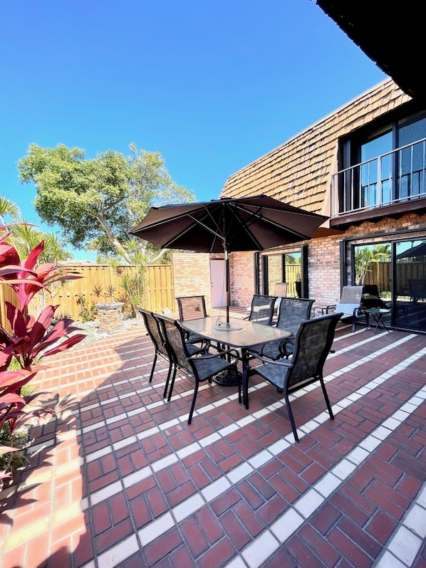 Large private patio with fire pit