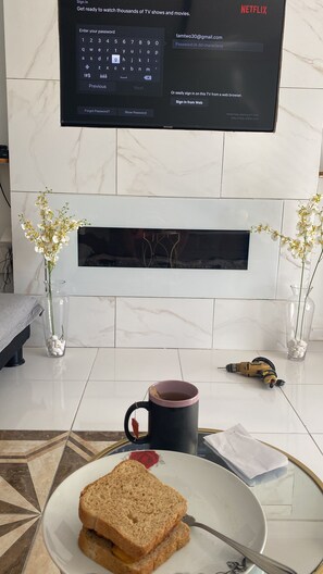 Fireplace and flat screen smart television 