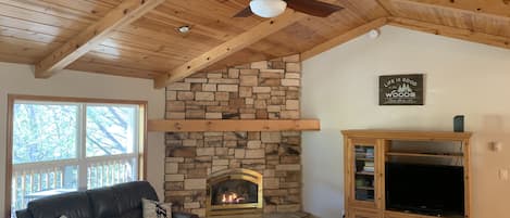 Living room with gas fireplace, opens to back patio with gas bbq grill