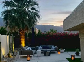 Garden seating against mountains