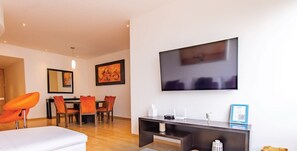 Smart TV and cozy ambiance included.