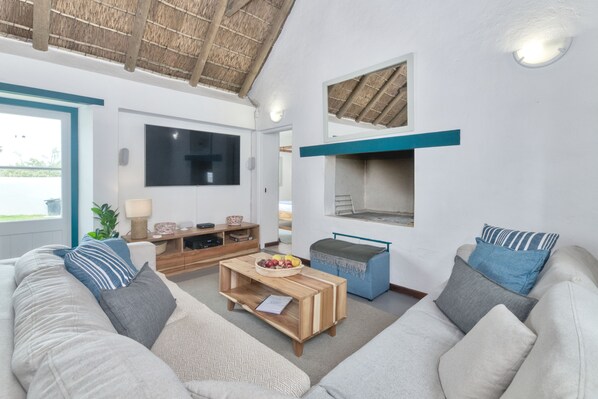 Living room with Indoor fireplace and TV