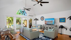 High ceilings give the living area an open feel...