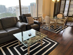 Spacious living room with leather sofa