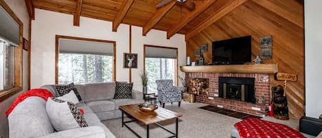 Cozy Living Room with wood fireplace