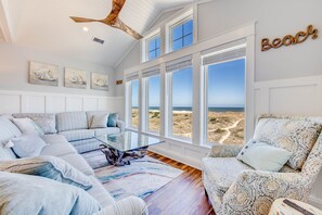 The great room boasts stunning ocean views