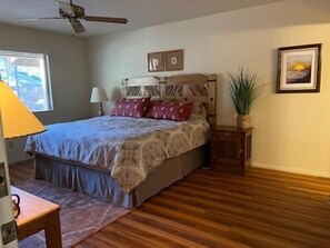 Wide open, comfortable master bedroom. King bed. Plenty of drawers and hooks for unpacking. ROKU. Close the door and you have a sanctuary.