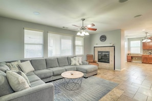 Living Area | 1st Floor | Fireplace | Wired Speakers Throughout Home