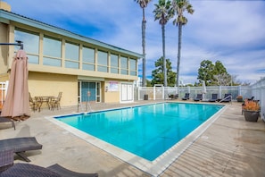 Communal swimming area with lounge chairs.