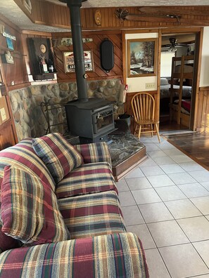 living room with wood stove.