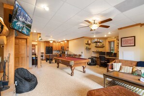 Lower Level Game Room with Multiple Games Tables, Full Kitchen, Office Space and TV