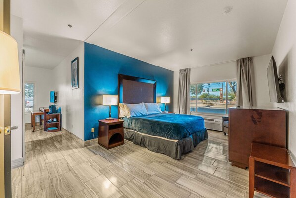 This is the main living space, very stylish king size Hyatt bed.