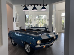 Cruise around this custom 69 Chevy Camaro pool table w/real tires, rims & lights