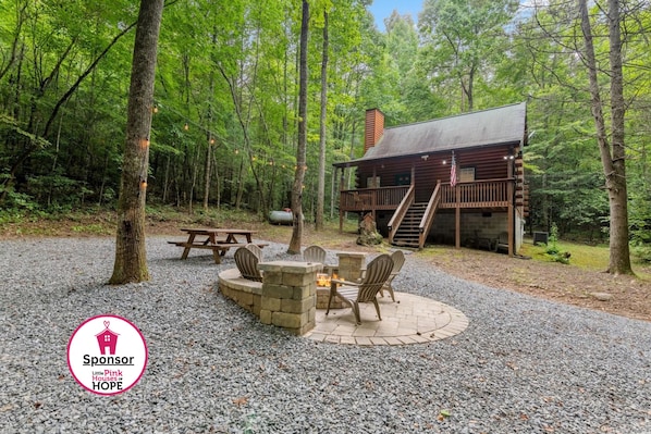 Lazy Bear Cove- Front driveway view of the cabin Pink Stamp