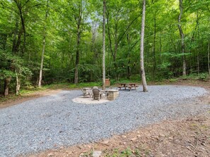 Lazy Bear Cove- Firepit view with driveway from the cabin