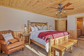 Liberty Lodge ~ main level master bedroom w/ king bed, single bed in closet, and private ensuite full bathroom