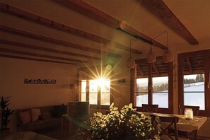 Romantic eat-in kitchen withidyllic view and sunrise