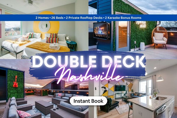 Experience Double Deck in Nashville! Two homes with 26 beds, private rooftops, and karaoke rooms—ideal for large groups. Enjoy starry nights and unforgettable memories. Book your getaway now!
