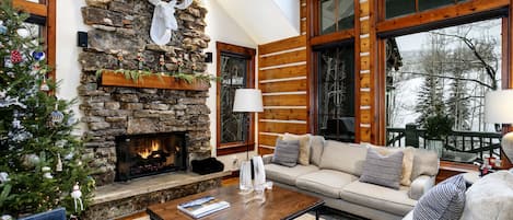 Large Family room with cozy fireplace.