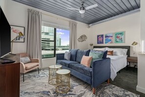 Experience serenity on a memory foam bed in this comfortable bedroom.