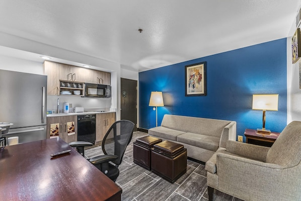 Check out the living room work and play space. Couch folds out into a bed. Everything new and remodeled.