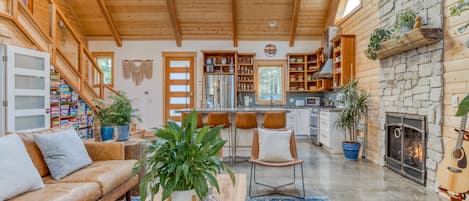 Skylights flood the room with natural light and add to the open feel of the room