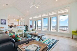 Light and bright living room has beach vibes.