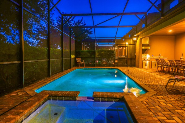 Screened heated pool and spa