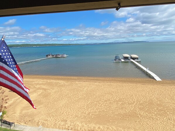View of Old Mission Peninsula in the background from condo balcony.