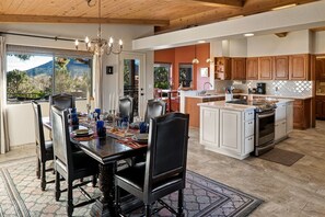 The open kitchen and dining area