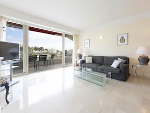 double bright air-conditioned living room equipped, sofa, tv, dining table, wifi