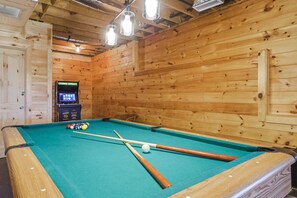 Basement  games room with pool, arcade games, ping pong table 