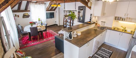 Modern kitchen with overview on traditional yet eclectic dining and living area