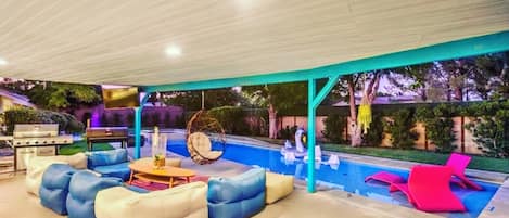 The large heated pool and covered patio. 