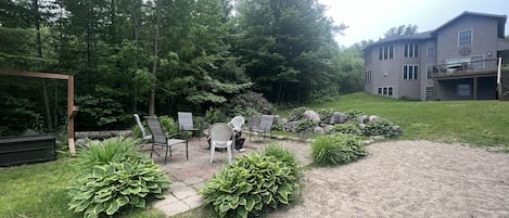 Fire pit and backyard.