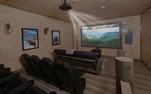 Theater Room with Projector Screen, Theater Seating, and a Futon!