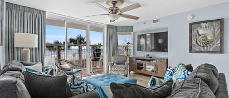 Crescent Shores North 101 offers superb oceanfront views from the living room.