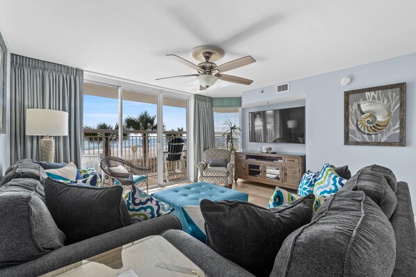 Crescent Shores North 101 offers superb oceanfront views from the living room.