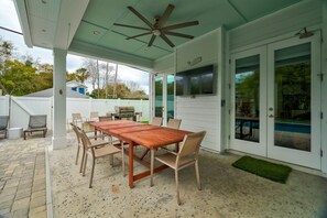 Main House covered patio with TV & fan
