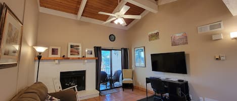 Living Room w/ Vaulted Tongue & Groove Ceiling, New Samsung TV, and Office Space