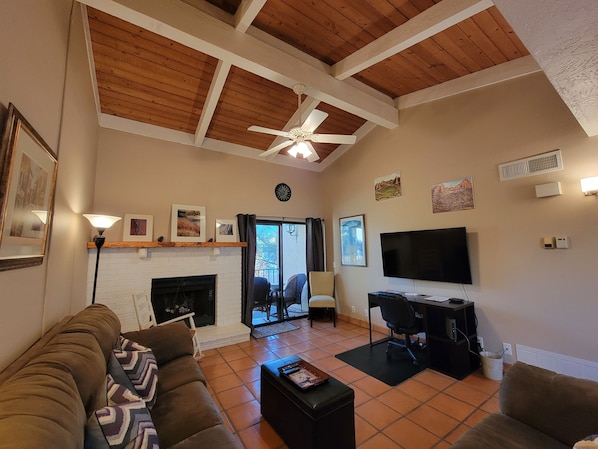 Living Room w/ Vaulted Tongue & Groove Ceiling, New Samsung TV, and Office Space