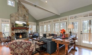Big Canoe Cabin - Mountain Acres Retreat - Living Room with Fireplace and TV