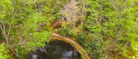 The Kottage and large Koi Pond Aerial View