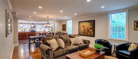 Spacious Living room open to dining area and kitchen.