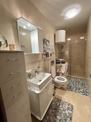 Full bathroom with a nice glass shower and washing machine