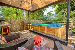 Deck with grill and equipment, sitting area and swim spa 