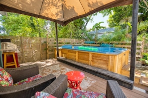 Deck with grill and equipment, sitting area and swim spa 